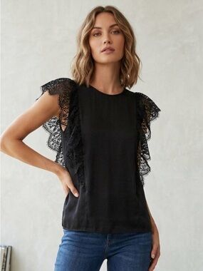 Michael Stars Black XS Textured Lace Flutter Sleeve  Top